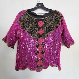 Vintage SCALA 100% Silk Purple Shiny Beaded Floral Leaf Short Sleeve Blouse Lg
